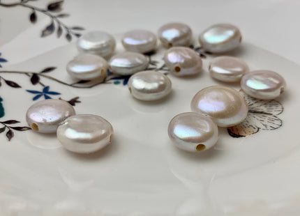 One Piece 13-14 mm AAA Full Drilled Large Hole Thick White Coin Pearl Beads Hole Size 1.2-2.1mm Genuine Super High Luster Coin Pearl #P1098