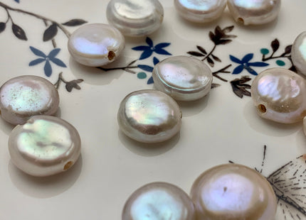 One Piece 13-14 mm AAA Full Drilled Large Hole Thick White Coin Pearl Beads Hole Size 1.2-2.1mm Genuine Super High Luster Coin Pearl #P1098