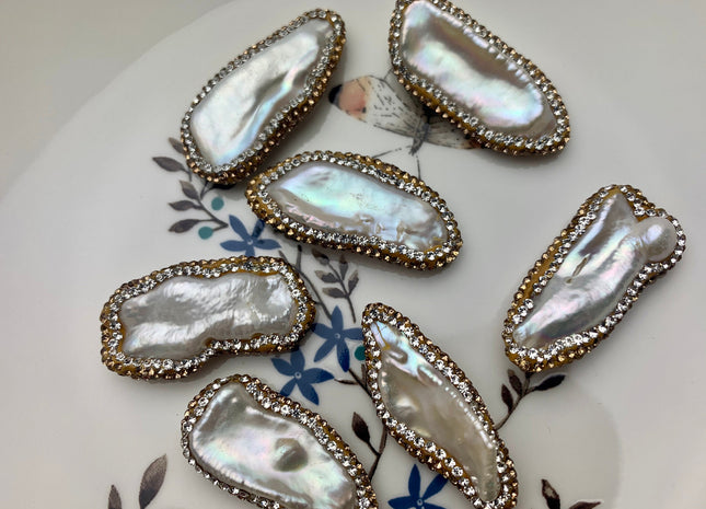 High Quality Stick Biwa Pearl 12-13 x 23-29 mm with Pave Gold & Clear Rhinestone/Cubic Ziroconia Center Drilled Biwa Pearl Pendant #361