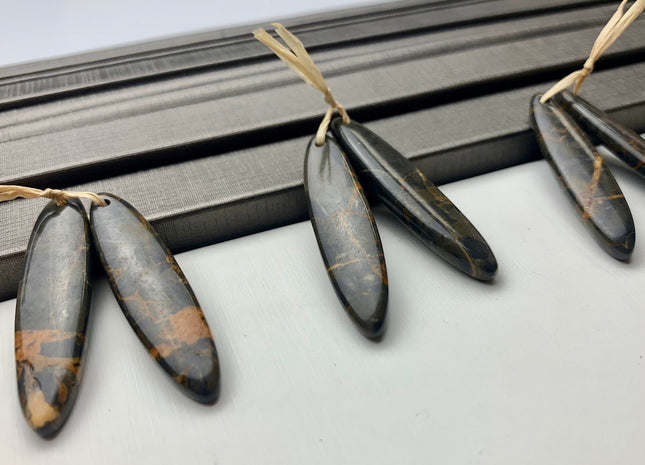 One Pair 10x40mm Natural Coffee Jasper Top Drilled Teardrop Cabochon Long Oval Shape Matching Coffee Jasper Gemstone Earring Pendant #3309