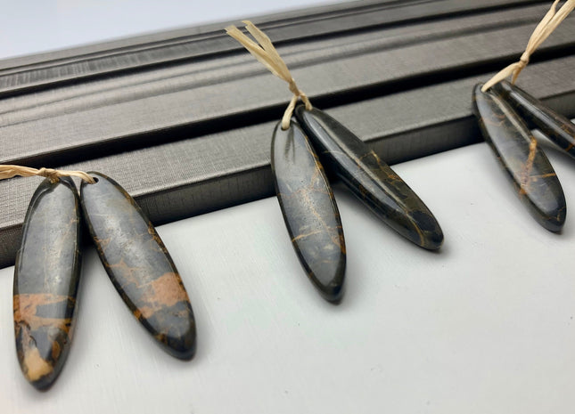 One Pair 10x40mm Natural Coffee Jasper Top Drilled Teardrop Cabochon Long Oval Shape Matching Coffee Jasper Gemstone Earring Pendant #3309
