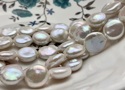 14-16mm AAA High Luster Top Quality Natural White Flat Coin Freshwater Pearl Genuine Very Rare Round Coin Pearl 8 Inches 13-14 Beads #P1108