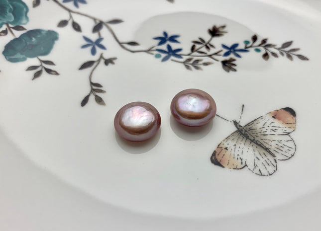ONE Pair AAAAA 12-13 mm Ultra Dark Natural Mauve Purple Top Quality Super High Luster Half Drilled Paired Earring Thick Coin Pearls #P1153-B