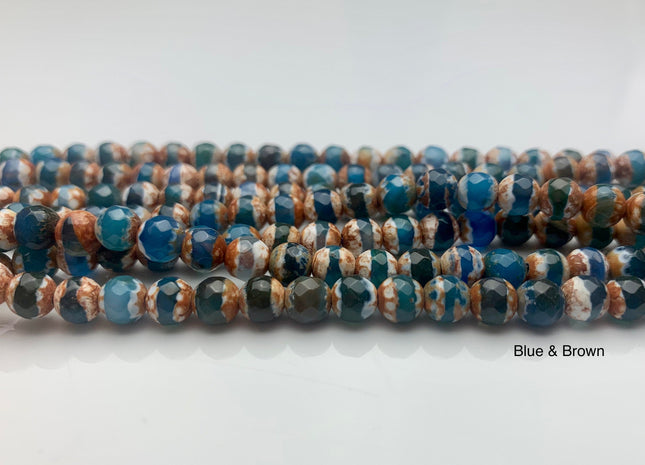 6 mm DZI Tibetan Agate Faceted Round Blue Brown Black White Color Tibetan Agate Gemstone Loose Beads 14.5 Inches 62 Pieces #3506