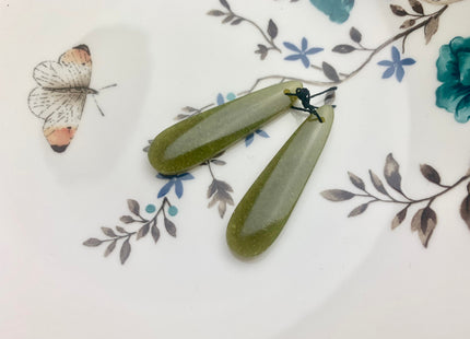 One Pair 12x45 mm Natural African Jade Top Drilled Teardrop Cabochon Long Teardrop Matching Green Jade Gemstone Earring Pendant #3324-A
