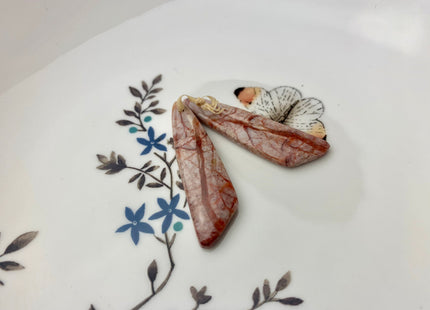 One Pair 12x45mm Natural Blood Vein Jasper Top Drilled Freeform Cabochon Long Drop Matching Red Vein Jasper Gemstone Earring Pendant #3320-C