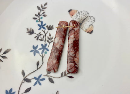 One Pair 10x47mm Natural Blood Vein Jasper Top Drilled Teardrop Cabochon Long Rectangle Matching Red Jasper Gemstone Earring Pendant #3320-A