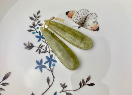 One Pair 12x45 mm Natural Yellow Hemimorphite Top Drilled Teardrop Cabochon Long Teardrop Matching Green Gemstone Earring Pendant #3316-A