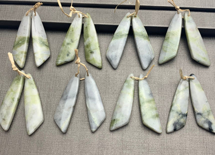 One Pair 12x43 mm Natural Serpentine Jade Top Drilled Freeform Cabochon Long Drop Matching Gray Green Jade Gemstone Earring Pendant #3315-B