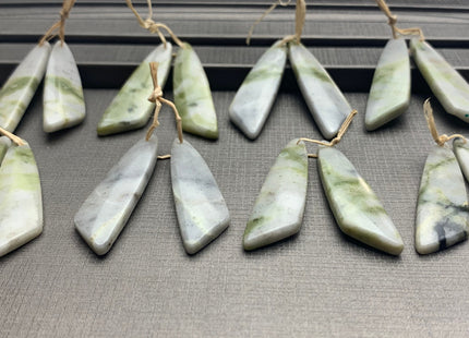 One Pair 12x43 mm Natural Serpentine Jade Top Drilled Freeform Cabochon Long Drop Matching Gray Green Jade Gemstone Earring Pendant #3315-B