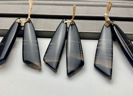 One Pair 12x43 mm Natural Black Lace Obsidian Top Drilled Freeform Cabochon Long Drop Matching Black Obsidian Gemstone Earring Pendant #3312