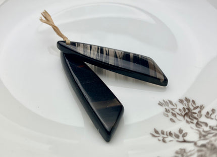 One Pair 12x43 mm Natural Black Lace Obsidian Top Drilled Freeform Cabochon Long Drop Matching Black Obsidian Gemstone Earring Pendant #3312
