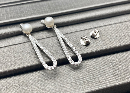 One Pair 925 Sterling Silver/Gold Stud Earring Setting With CZ Tear Drop Shape Earring DIY Dangle Findings For Half Drilled Pearls #10081-A