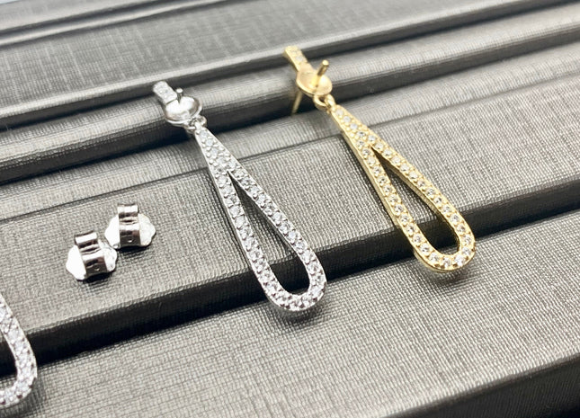 One Pair 925 Sterling Silver/Gold Stud Earring Setting With CZ Tear Drop Shape Earring DIY Dangle Findings For Half Drilled Pearls #10081-A