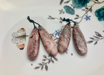 One Pair 12x45 mm Natural Pink Leopard Skin Jasper Top Drilled Teardrop Cabochon Long Teardrop Matching Pink Gemstone Earring Pendant #3331