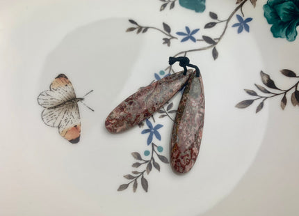 One Pair 12x45 mm Natural Pink Leopard Skin Jasper Top Drilled Teardrop Cabochon Long Teardrop Matching Pink Gemstone Earring Pendant #3331