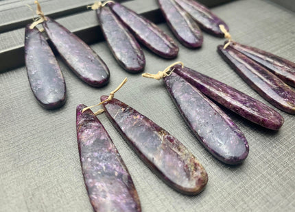 One Pair 12x45 mm Natural Lepidolite Top Drilled Teardrop Cabochon Long Teardrop Matching Purple Lepidolite Gemstone Earring Pendant #3327-B