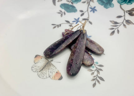 One Pair 12x45 mm Natural Lepidolite Top Drilled Teardrop Cabochon Long Teardrop Matching Purple Lepidolite Gemstone Earring Pendant #3327-B