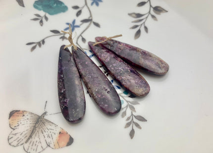 One Pair 12x45 mm Natural Lepidolite Top Drilled Teardrop Cabochon Long Teardrop Matching Purple Lepidolite Gemstone Earring Pendant #3327-B
