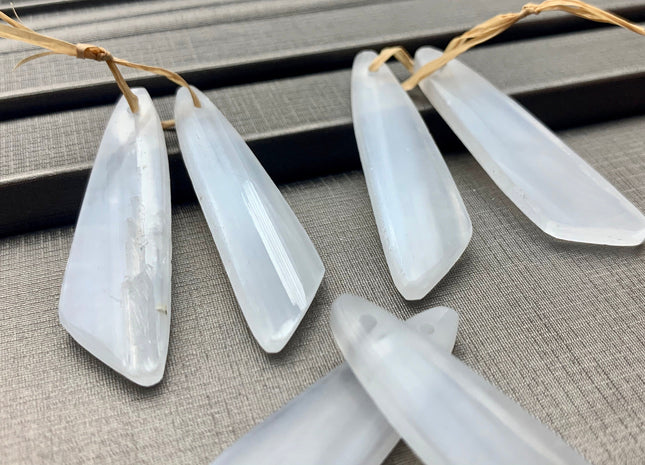 One Pair 12x44 mm Natural Selenite Top Drilled Freeform Cabochon Long Drop Matching White Selenite Gemstone Earring Pendant #3302