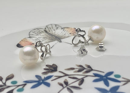 One Pair 7.5 mm AAA Natural white Round Edison Pearl Earring Studs W/925 Sterling Silver Heart Shape Design Earrings Bridal Jewelry #10084-B