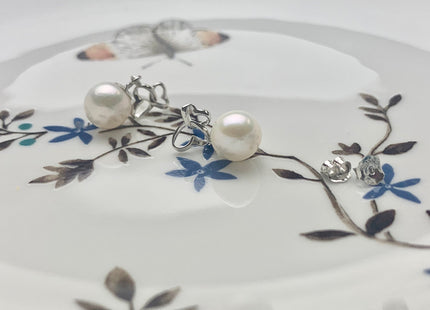 One Pair 7.5 mm AAA Natural white Round Edison Pearl Earring Studs W/925 Sterling Silver Heart Shape Design Earrings Bridal Jewelry #10084-B