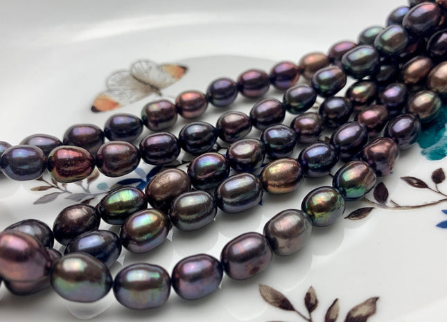7-8x9-10 mm AA Dark Peacock Color Freshwater Rice/Oval Pearls Genuine Black Peacock Color Rice/Oval Freshwater Pearls #P1173