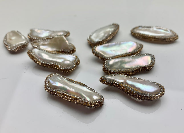 High Quality Stick Biwa Pearl 12-13 x 23-29 mm with Pave Gold & Clear Rhinestone/Cubic Ziroconia Center Drilled Biwa Pearl Pendant #361