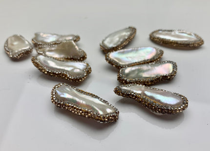 One Piece 14-18x25-43mm Natural White Biwa Stick Pearl with Pave Gold & Clear Rhinestone/Cubic Zirconia Pearl Pendant #361