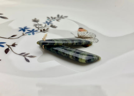 One Pair 12x44 mm Natural Green Zebra Agate Top Drilled Freeform Cabochon Long Drop Matching Leaf Shape Green Gemstone Earring Pendant #3307