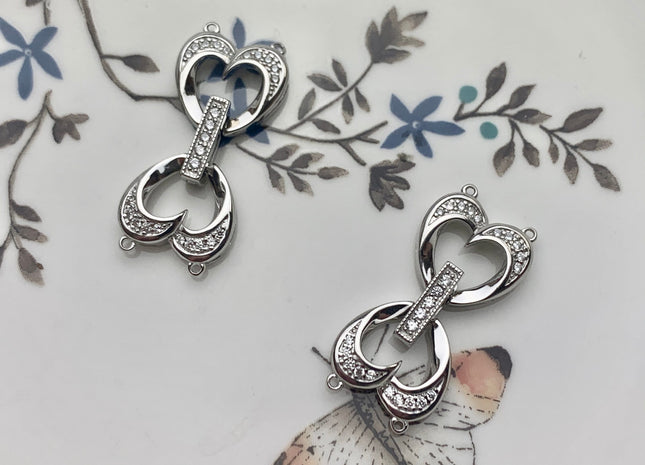 14x32 mm 925 Sterling Silver Double Heart Shape Clasp Sterling Silver Findings 925 Sterling Silver Clasps W/CZ DIY Jewelry #10087-B