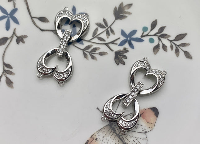 14x32 mm 925 Sterling Silver Double Heart Shape Clasp Sterling Silver Findings 925 Sterling Silver Clasps W/CZ DIY Jewelry #10087-B