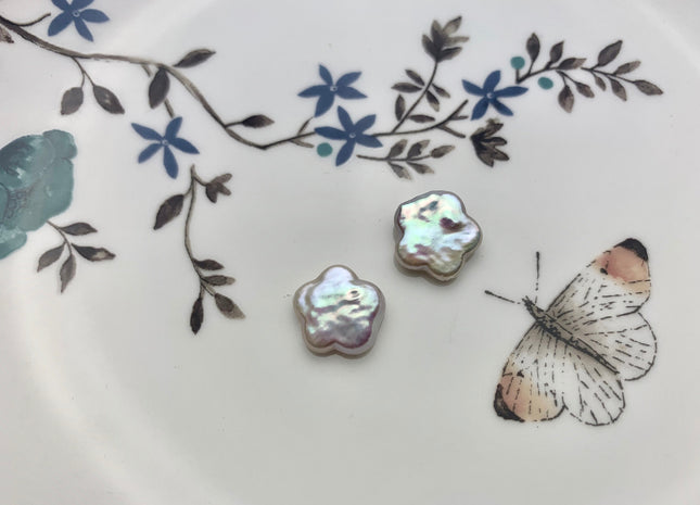 One Pair 13-14 mm AAAA Natural White Flat Flower Coin Freshwater Pearls Half Drilled Paired Earring High Luster Quality Coin Pearl #P1150