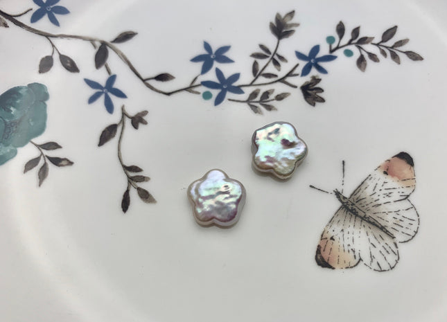 One Pair 13-14 mm AAAA Natural White Flat Flower Coin Freshwater Pearls Half Drilled Paired Earring High Luster Quality Coin Pearl #P1150