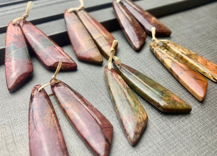 One Pair 12x45mm Natural Picasso Jasper Top Drilled Freeform Cabochon Long Drop Matching Red Brown Green Gemstone Earring Pendant #3346-B