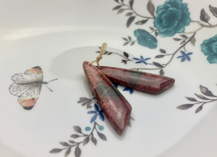 One Pair 12x45mm Natural Picasso Jasper Top Drilled Freeform Cabochon Long Drop Matching Red Brown Green Gemstone Earring Pendant #3346-B