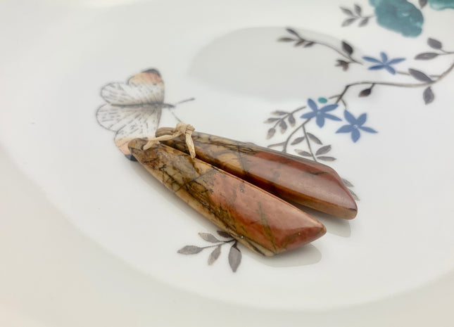 One Pair 12x45mm Natural Picasso Jasper Top Drilled Freeform Cabochon Long Drop Matching Red Brown Green Gemstone Earring Pendant #3346-B