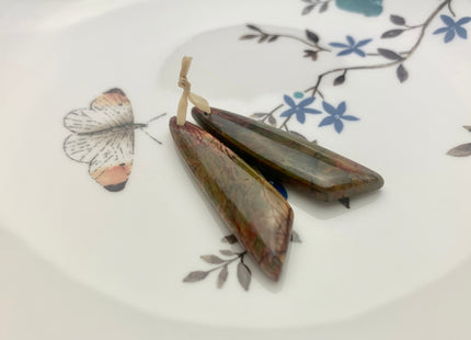 One Pair 12x45mm Natural Picasso Jasper Top Drilled Freeform Cabochon Long Drop Matching Red Brown Green Gemstone Earring Pendant #3346-B