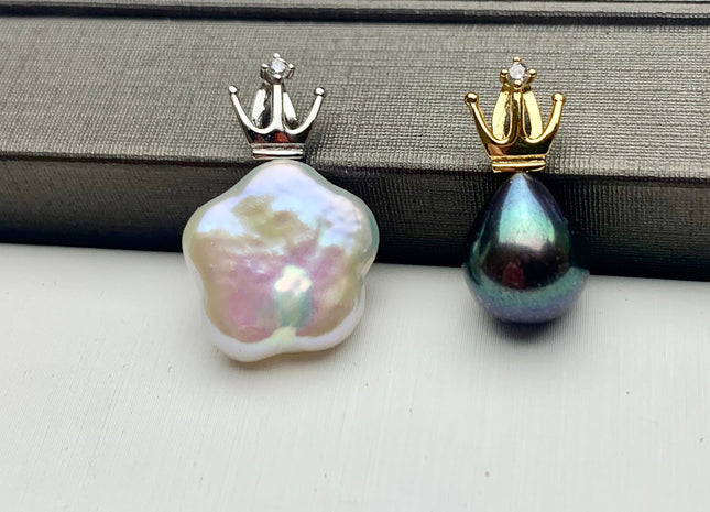One Piece 925 Sterling Silver/Gold Pendant Setting Finding For Half Drilled Pearl Genuine Sterling Silver W/CZ Crown Shape Pendant #10088