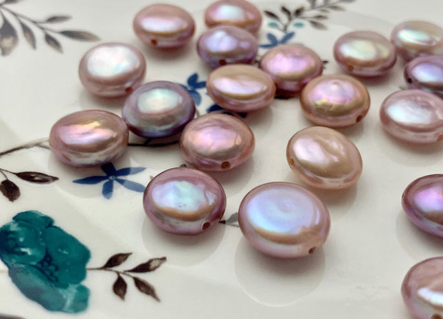 ONE Piece AAAAA 12-14 mm Natural Mauve Purple Top Quality Super High Luster Large Hole Thick Coin Pearls Hole Size 1.2mm Or 2.1mm #P1156