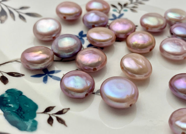 ONE Piece AAAAA 12-14 mm Natural Mauve Purple Top Quality Super High Luster Large Hole Thick Coin Pearls Hole Size 1.2mm Or 2.1mm #P1156