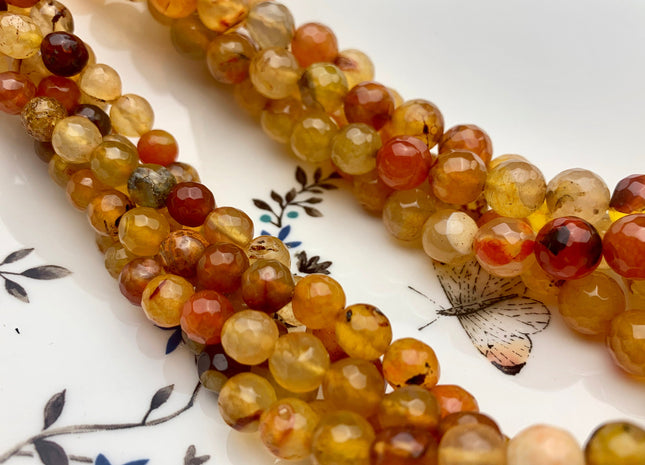 8 mm 10 mm Faceted Round Multi Orange Color Fire Agate Gemstone Beads Genuine Agate Gemstone Loose Beads 15 Inches Strand #3504
