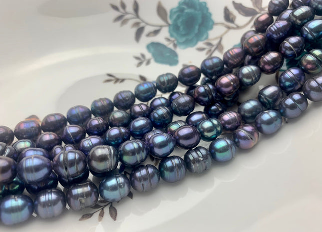 8.5x10-11 mm Rice / Oval Freshwater Pearls Blue Peacock Color Genuine Freshwater Rice Pearl Beads With Rings #P1162