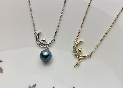 925 Sterling Silver/Gold Necklace Chain With Moon Shape Design Pendant Setting Finding For Half Drilled Pearl DIY Jewelry Necklace #10093-A