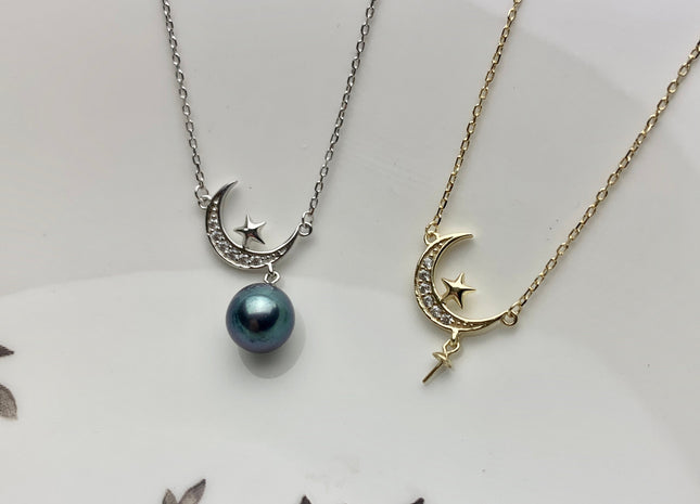 925 Sterling Silver/Gold Necklace Chain With Moon Shape Design Pendant Setting Finding For Half Drilled Pearl DIY Jewelry Necklace #10093-A