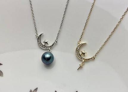 925 Sterling Silver/Gold Necklace Chain With Moon Shape Design Pendant Setting Finding For Half Drilled Pearl DIY Jewelry Necklace #10093-A