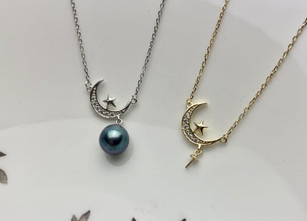 925 Sterling Silver/Gold Necklace Chain With Moon Shape Design Pendant Setting Finding For Half Drilled Pearl DIY Jewelry Necklace #10093-A