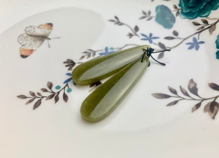 One Pair 12x45 mm Natural African Jade Top Drilled Teardrop Cabochon Long Teardrop Matching Green Jade Gemstone Earring Pendant #3324-A