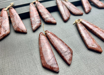One Pair 12x45mm Natural Blood Vein Jasper Top Drilled Freeform Cabochon Long Drop Matching Red Vein Jasper Gemstone Earring Pendant #3320-C