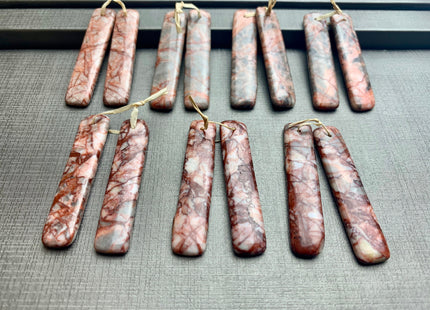 One Pair 10x47mm Natural Blood Vein Jasper Top Drilled Teardrop Cabochon Long Rectangle Matching Red Jasper Gemstone Earring Pendant #3320-A